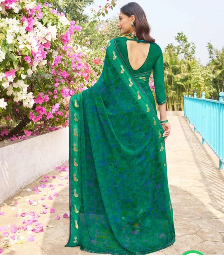 Premium Printed Chiffon Saree with Matching Blouse | Emerald Green Casual & Party Wear Saree - View 3