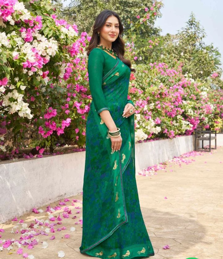 Premium Printed Chiffon Saree with Matching Blouse | Emerald Green Casual & Party Wear Saree - View 2