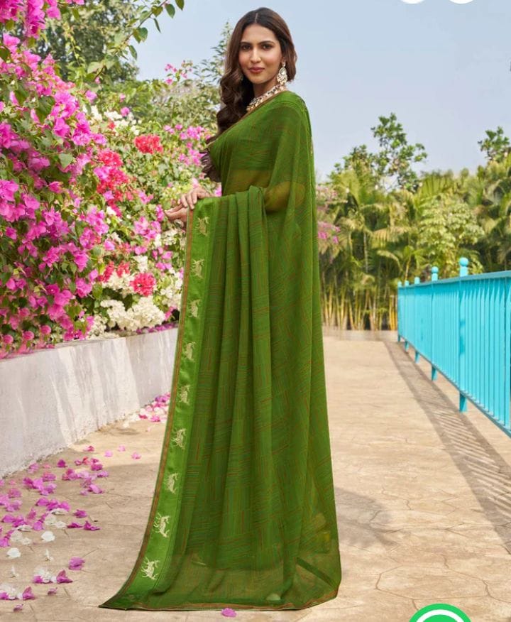 Premium Printed Chiffon Saree with Matching Blouse | Emerald Green Casual & Party Wear Saree - View 3