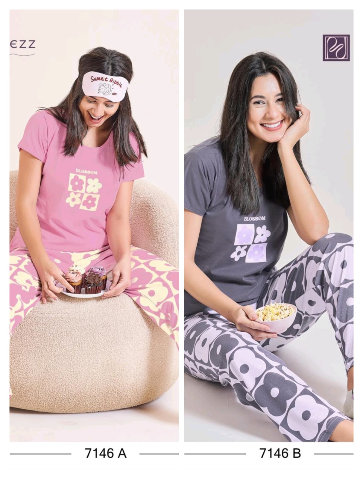 Women's Cotton Printed Night Suit Set | Half Sleeve T-Shirt & Printed Pajama | Soft Sleepwear (Pink/Grey) - View 2