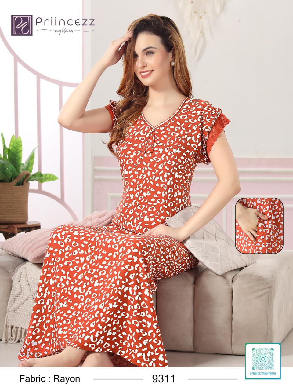 Women's Premium Rayon Printed Nighty with Lace Sleeves – Soft Full-Length Nightwear - View 2