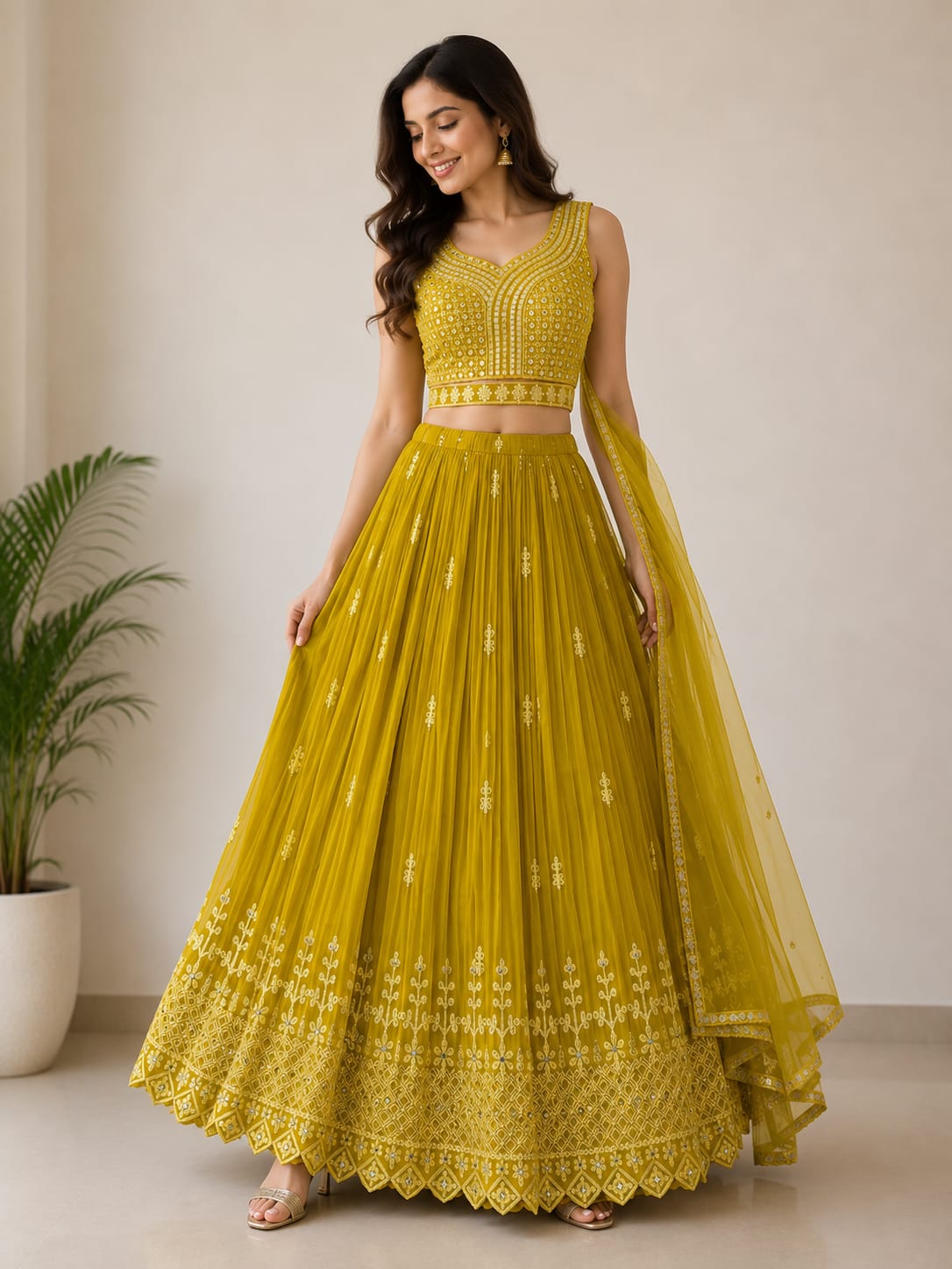 Women's Embroidered Crop Top Lehenga Set with Dupatta – Premium Wedding & Festive Wear - View 2