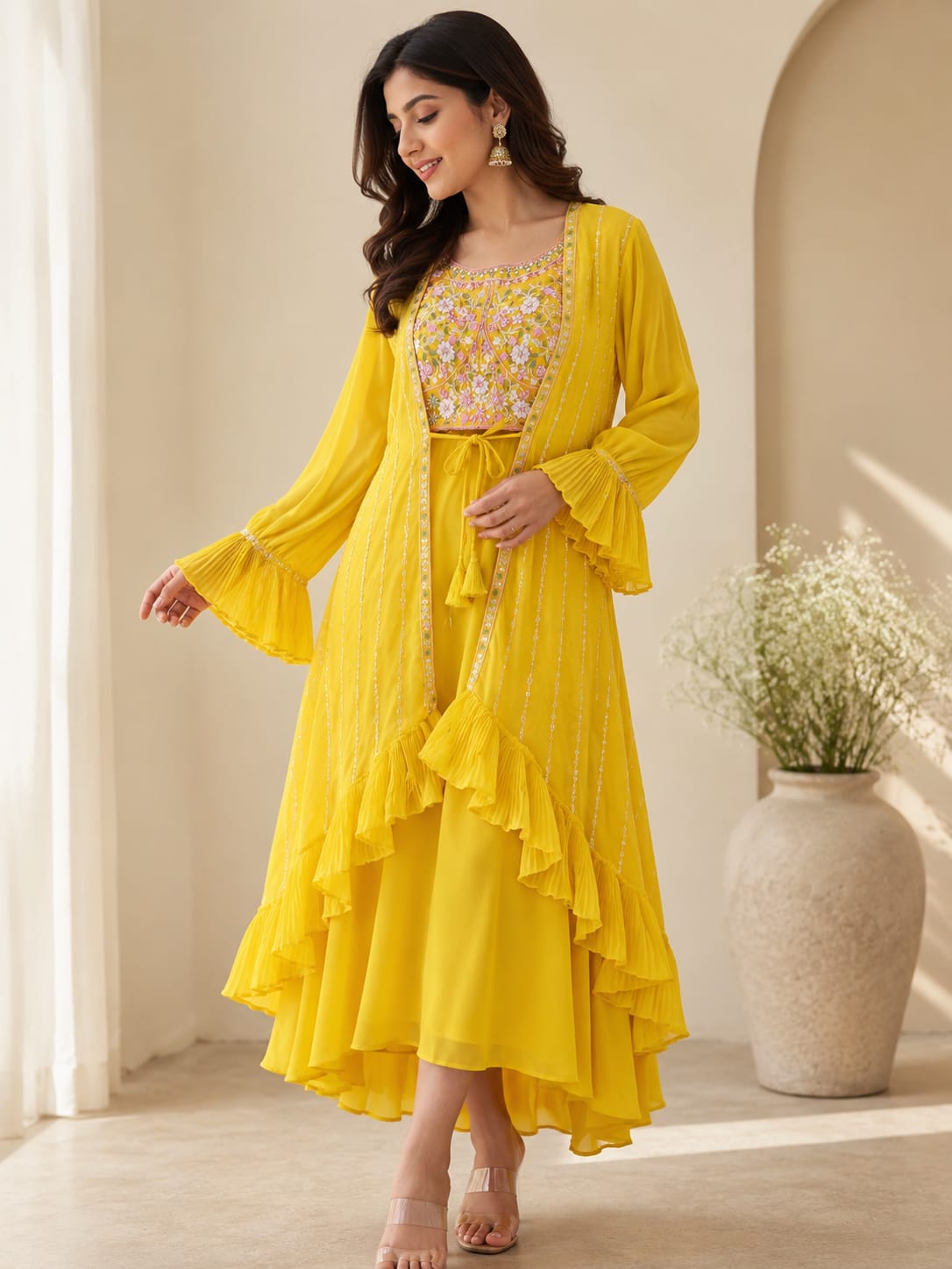 Women's Embroidered Crop Top Skirt Set with Ruffle Jacket – Designer Festive Wear - View 2