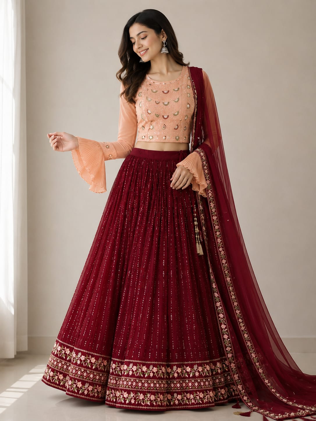 Women's Maroon Embroidered Crop Top Lehenga Set with Designer Dupatta – Premium Festive & Wedding Wear - View 2