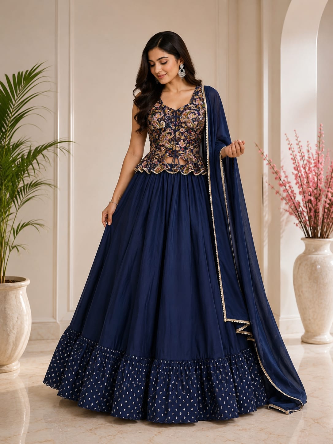 Women's Navy Blue Embroidered Peplum Crop Top Lehenga Set with Dupatta – Premium Festive & Wedding Wear - View 2