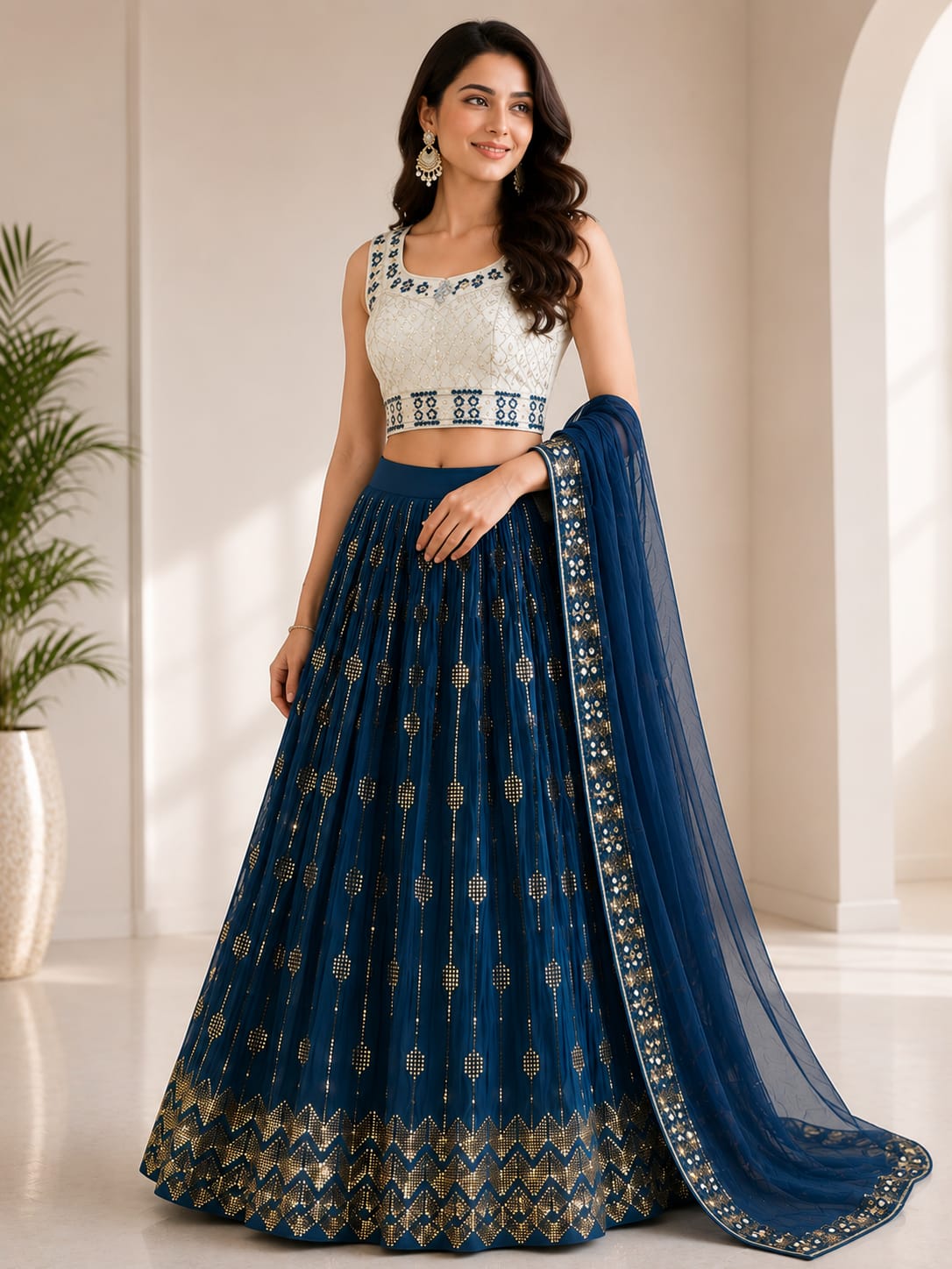 Women's Navy Blue Embroidered Crop Top Lehenga Set with Designer Dupatta – Premium Festive & Wedding Wear - View 2