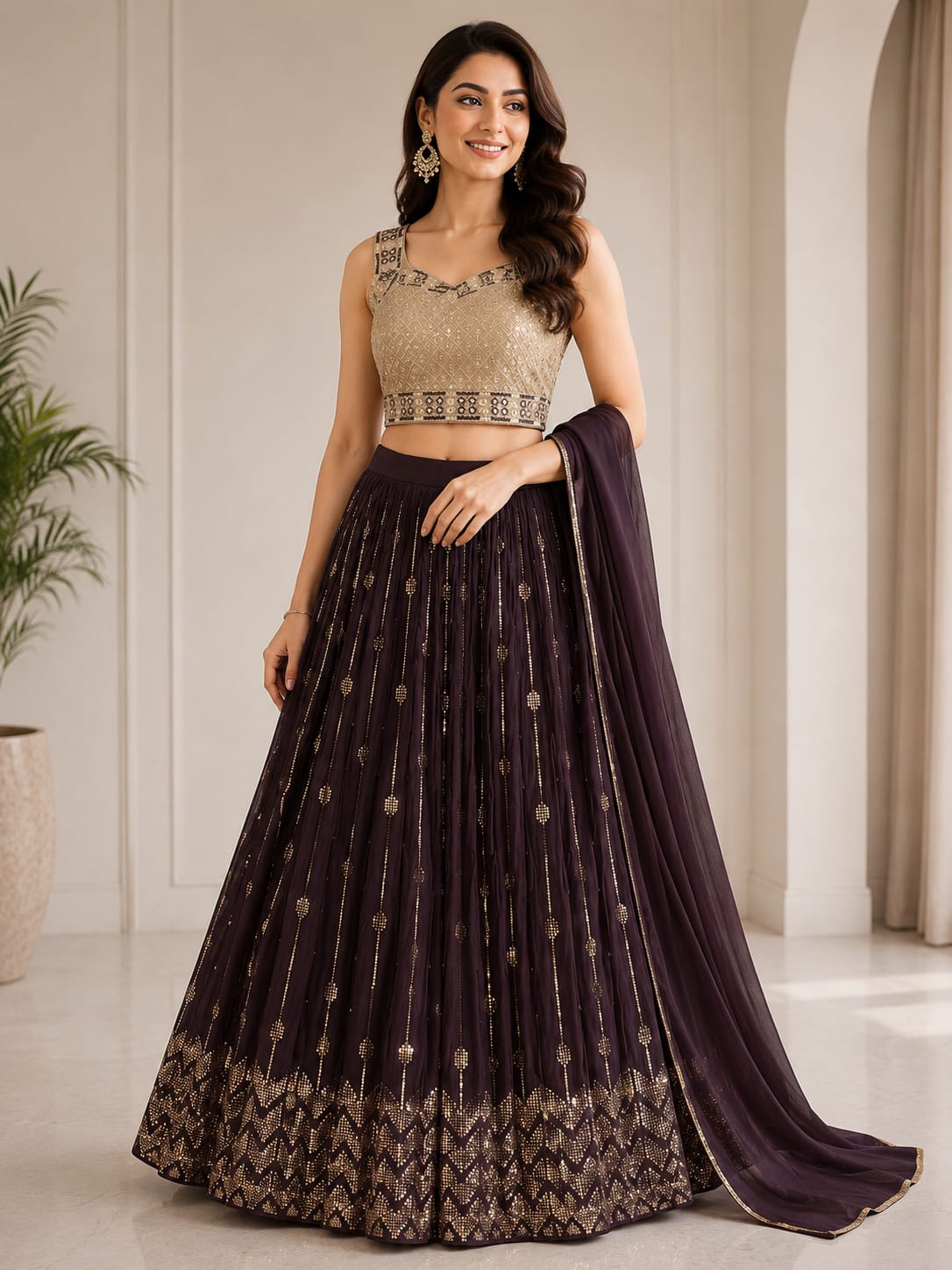 Women's Wine Embroidered Crop Top Lehenga Set with Designer Dupatta – Premium Festive & Wedding Wear - View 2