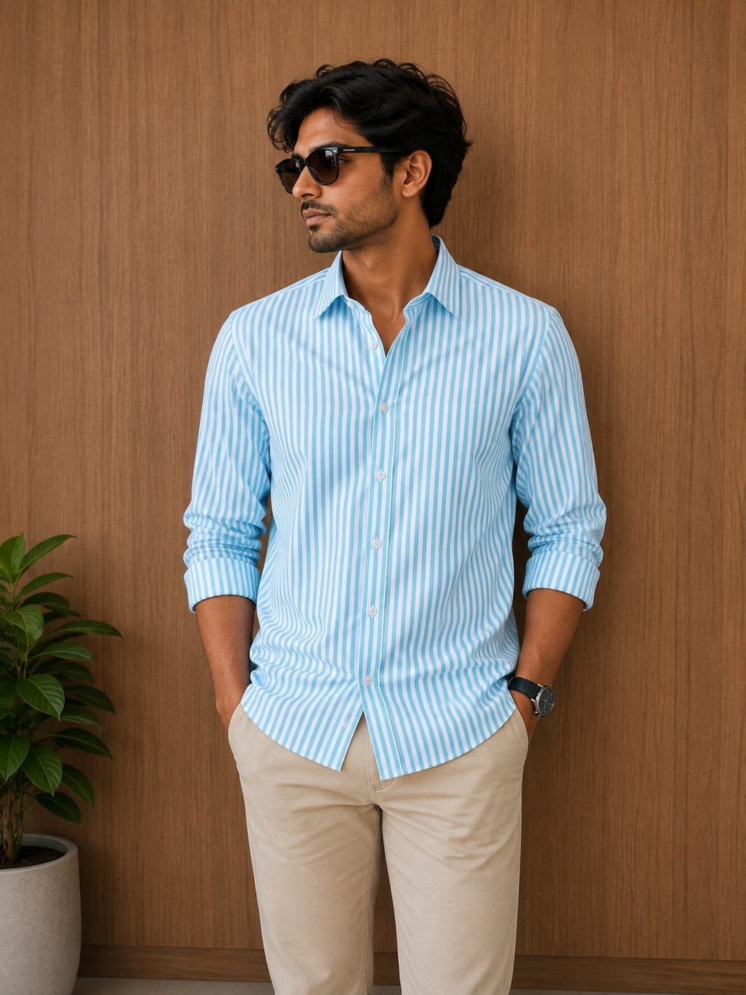Rare Rabbit Men's Sky Blue Striped Premium Cotton Shirt - View 2
