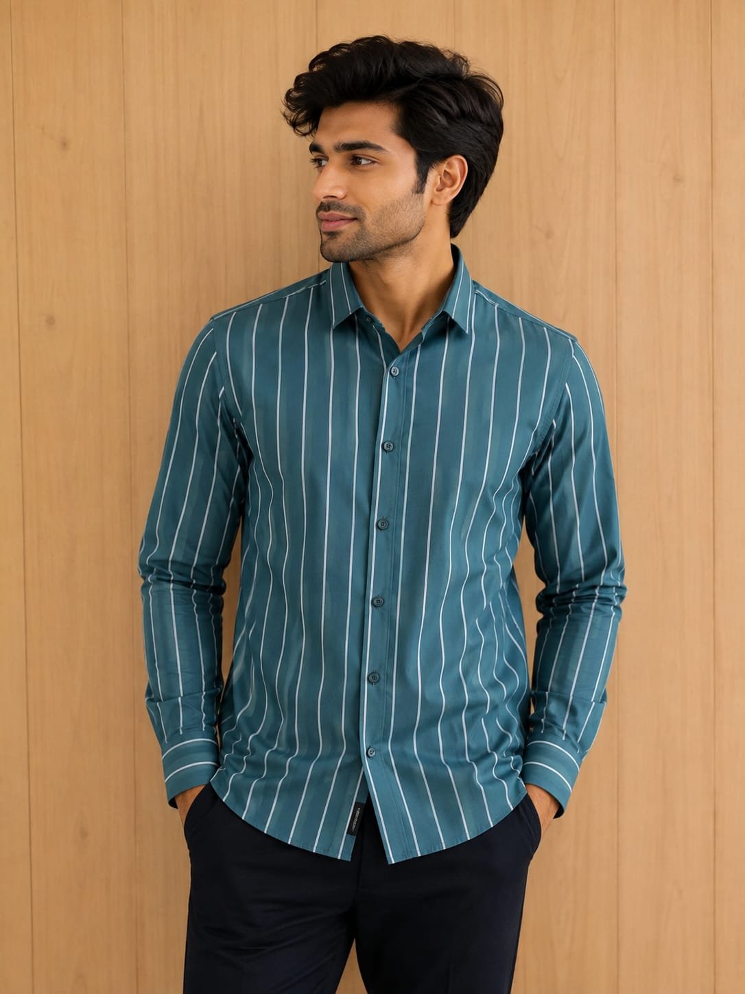 Rare Rabbit Men's Teal Green Striped Premium Cotton Shirt - View 2