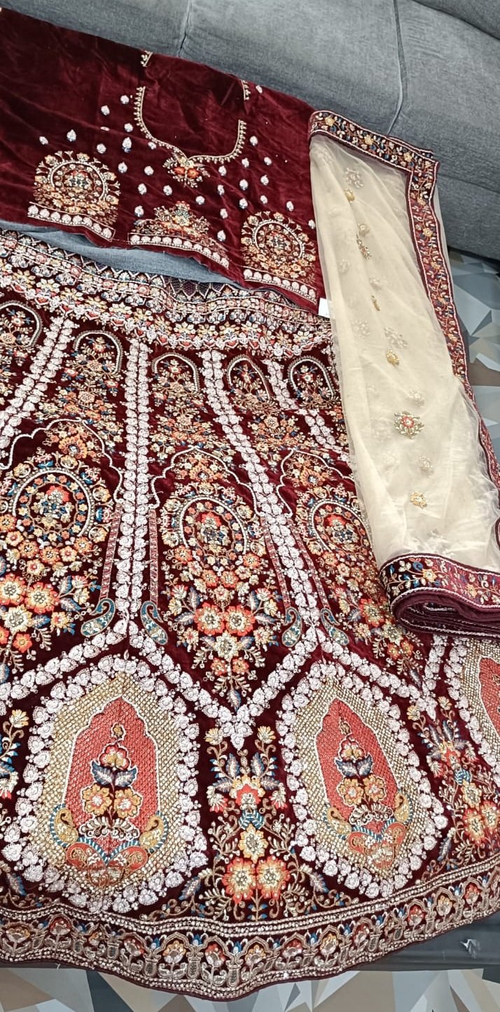 Royal Maroon Zardozi Embroidered Bridal Lehenga with Ivory Dupatta - View 4