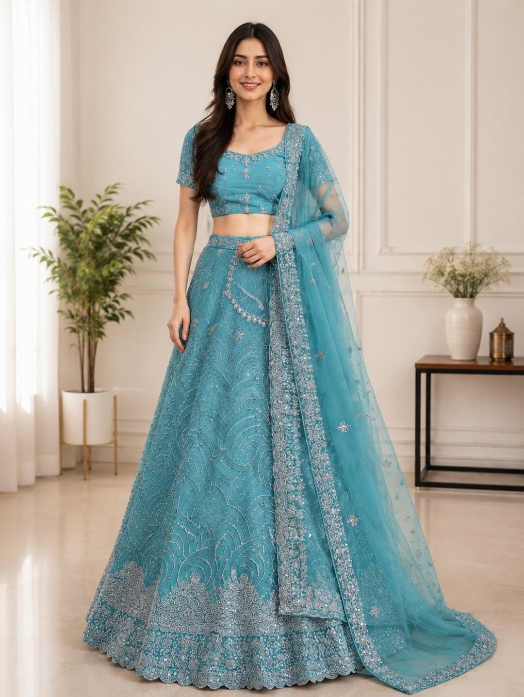 Aqua Blue Silver Embroidered Designer Lehenga with Net Dupatta - View 2