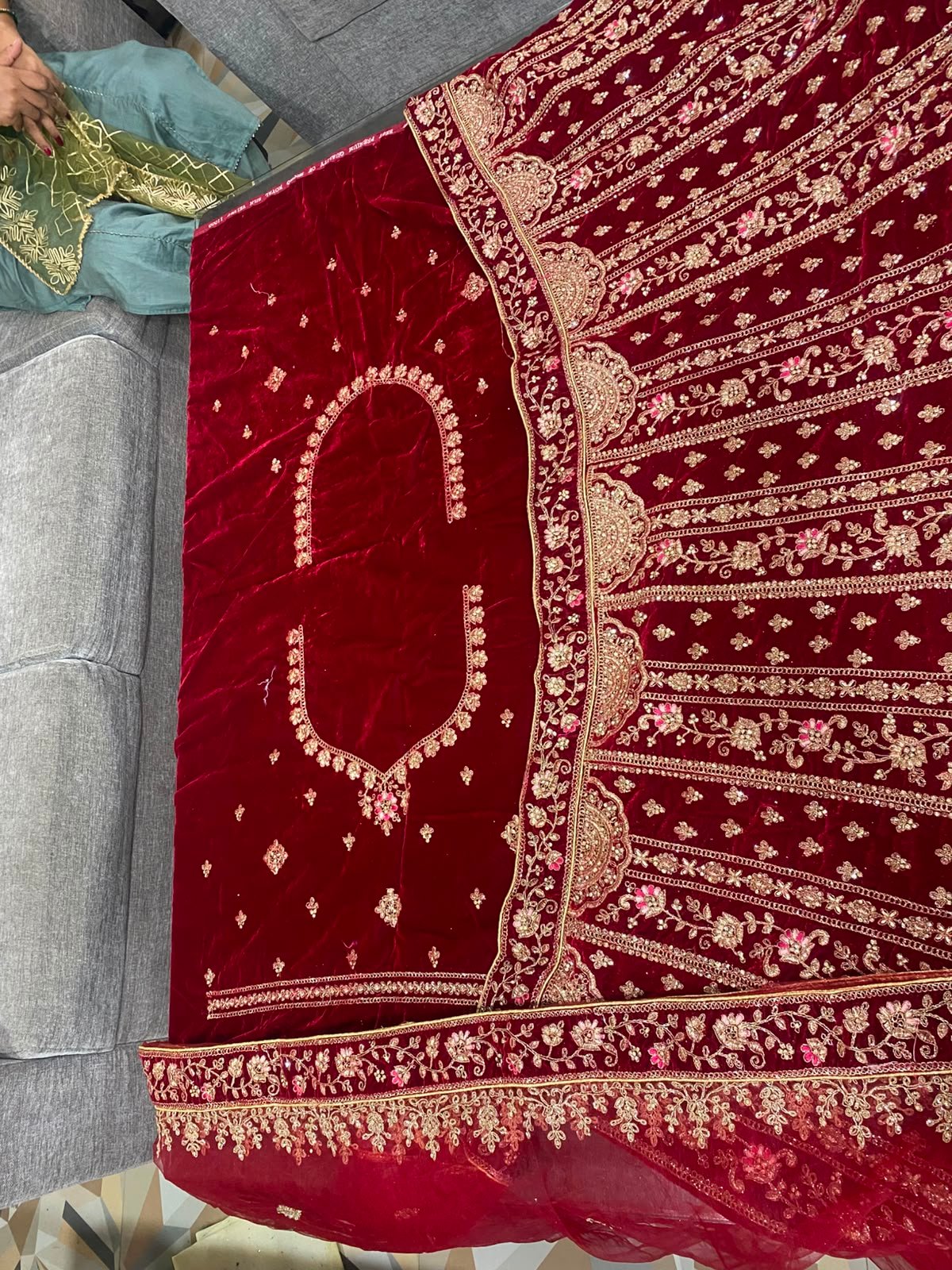 Royal Wine Velvet Bridal Lehenga with Antique Gold Embroidery - View 2