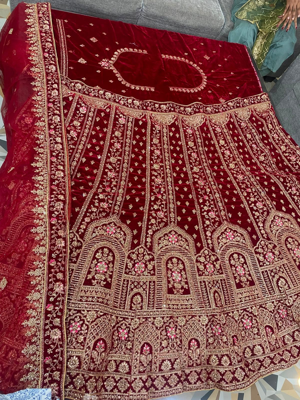 Royal Wine Velvet Bridal Lehenga with Antique Gold Embroidery - View 3