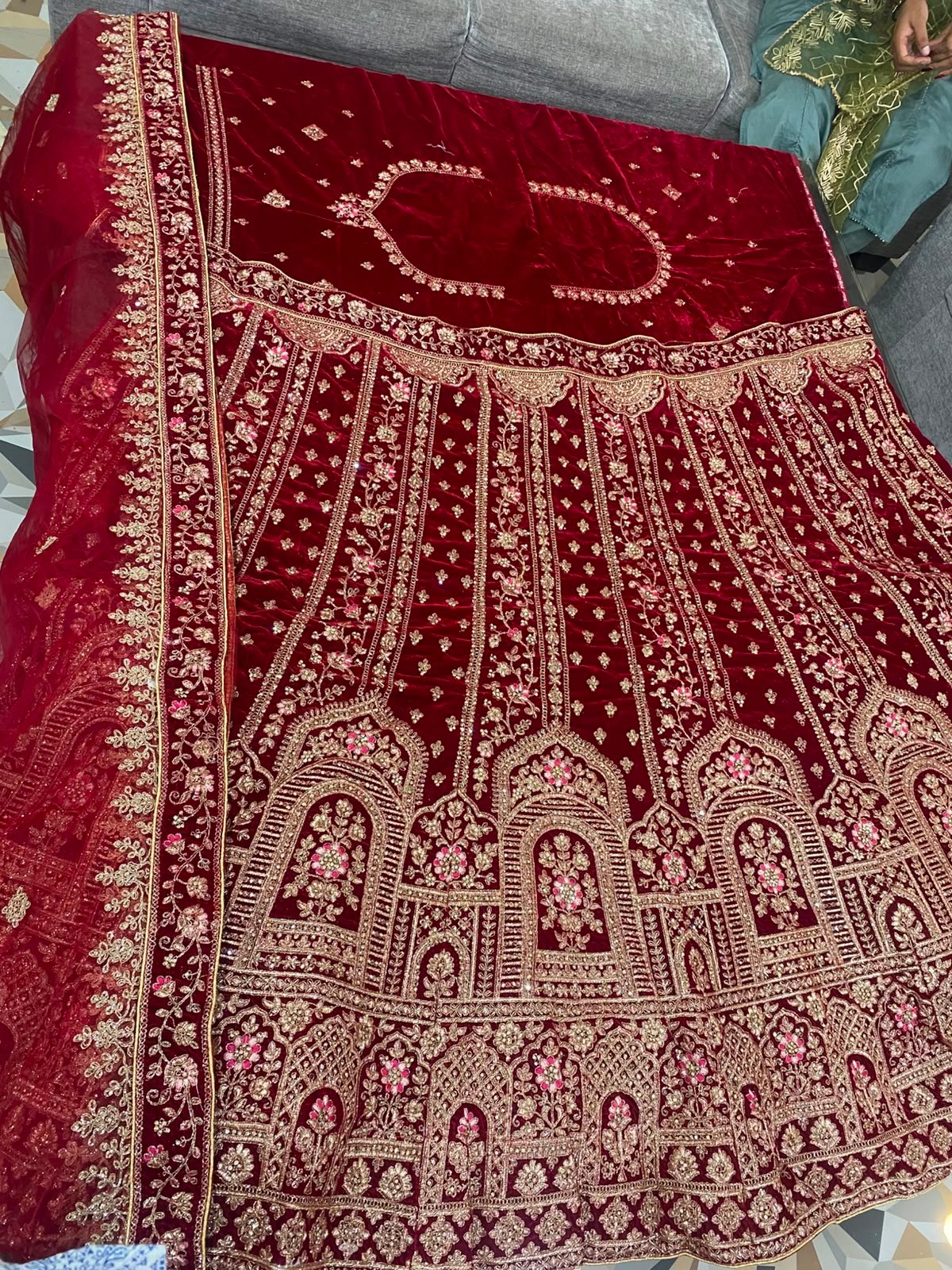 Royal Wine Velvet Bridal Lehenga with Antique Gold Embroidery - View 4