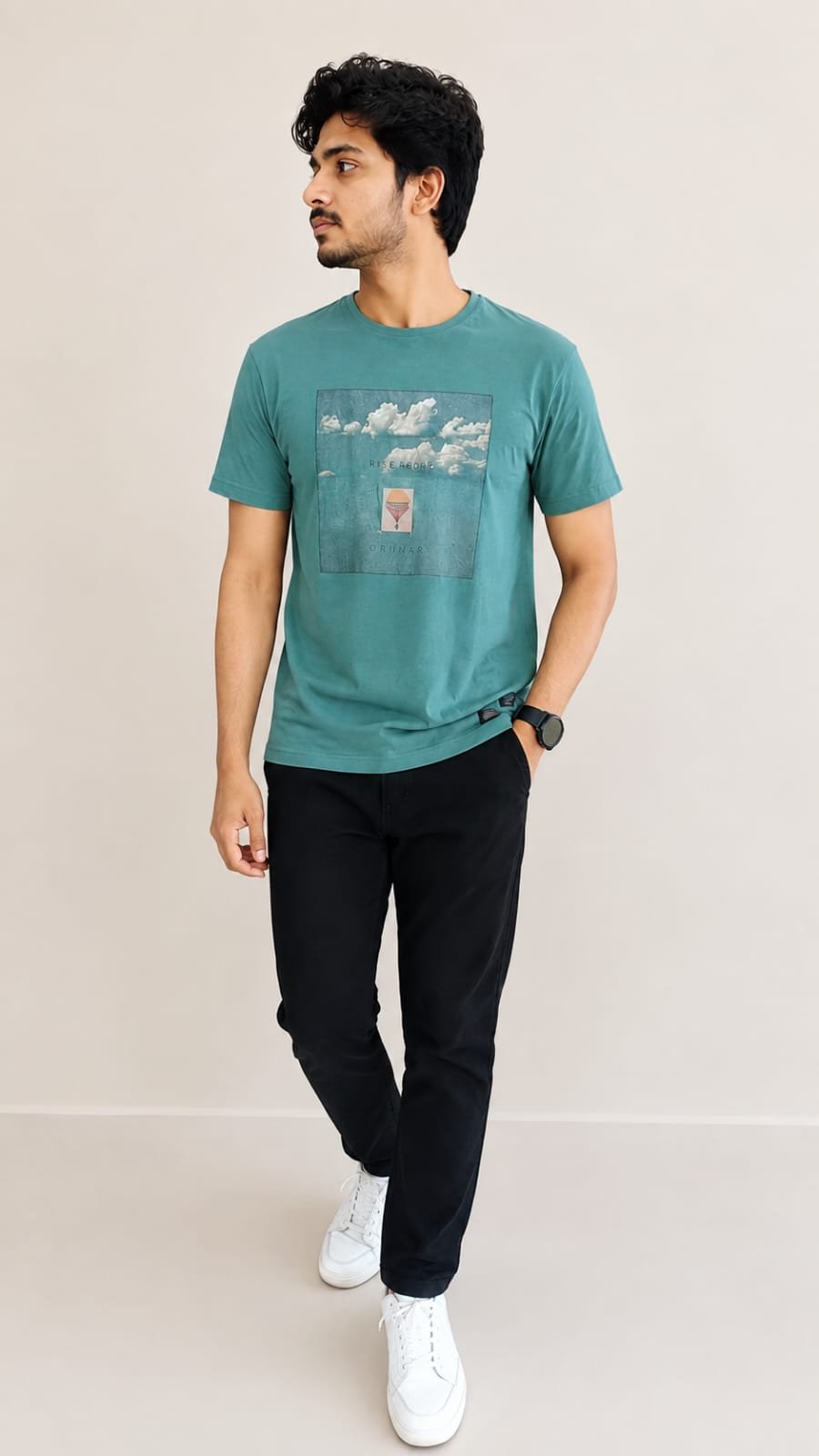 Rare Rabbit Men’s Teal Green Graphic Print Crew-Neck T-Shirt - View 2