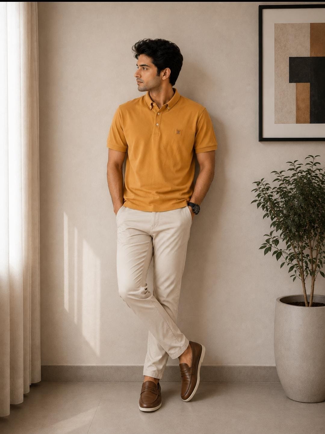 Rare Rabbit Men’s Mustard Yellow Button-Down Collar Polo T-Shirt - View 2