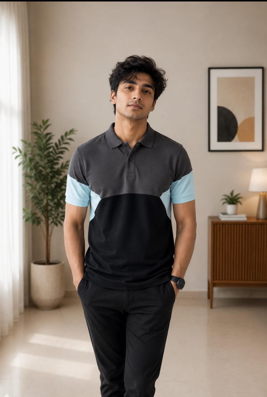 Rare Rabbit Men’s Black, Charcoal Grey & Sky Blue Colour-Block Polo T-Shirt - View 2