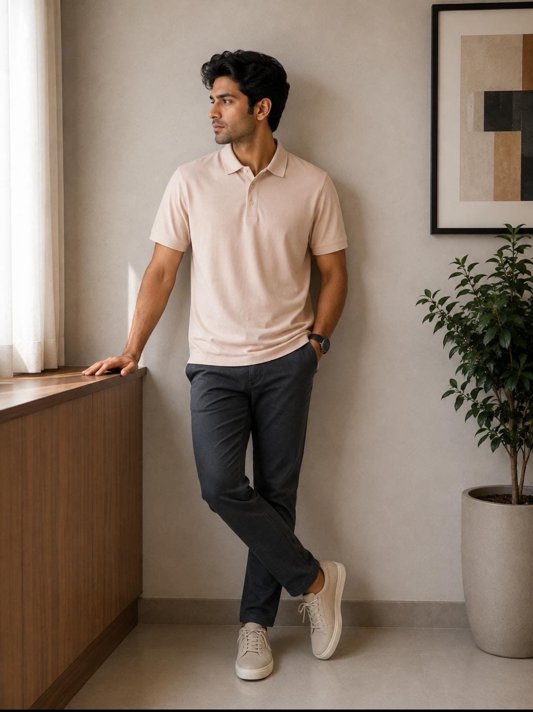 Rare Rabbit Men’s Light Peach Solid Polo T-Shirt - View 2