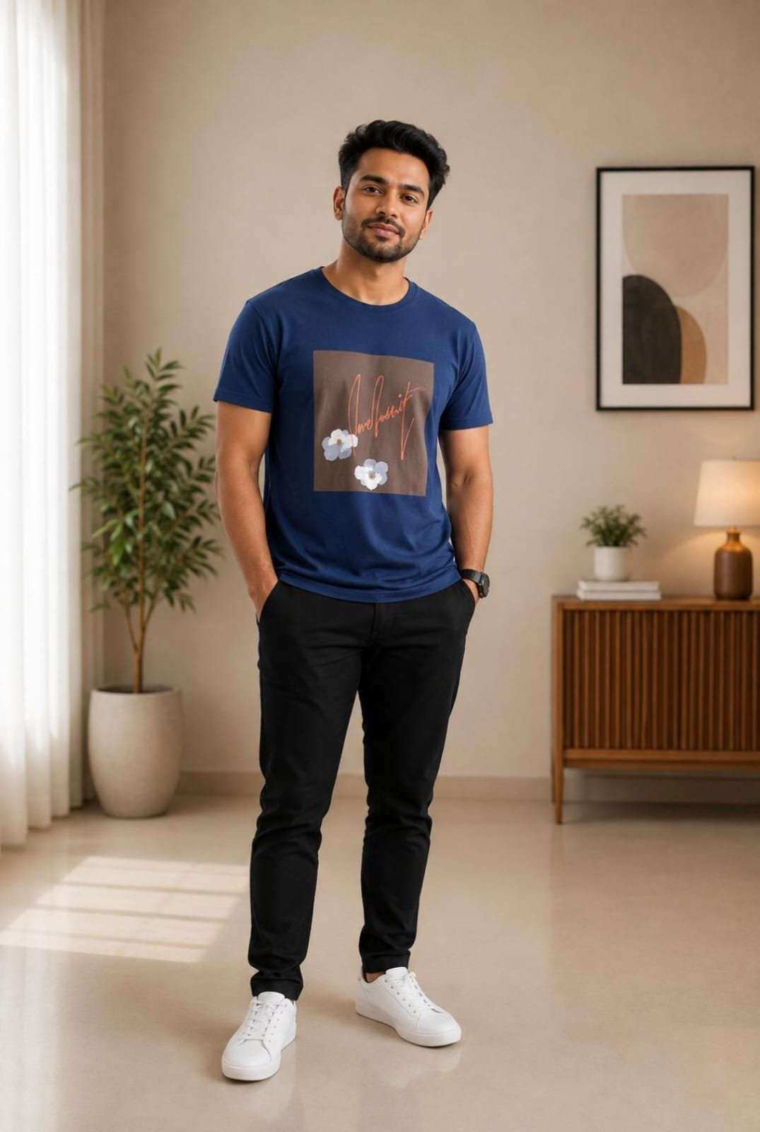 Rare Rabbit Men’s Navy Blue Floral Graphic Print Crew-Neck T-Shirt - View 2