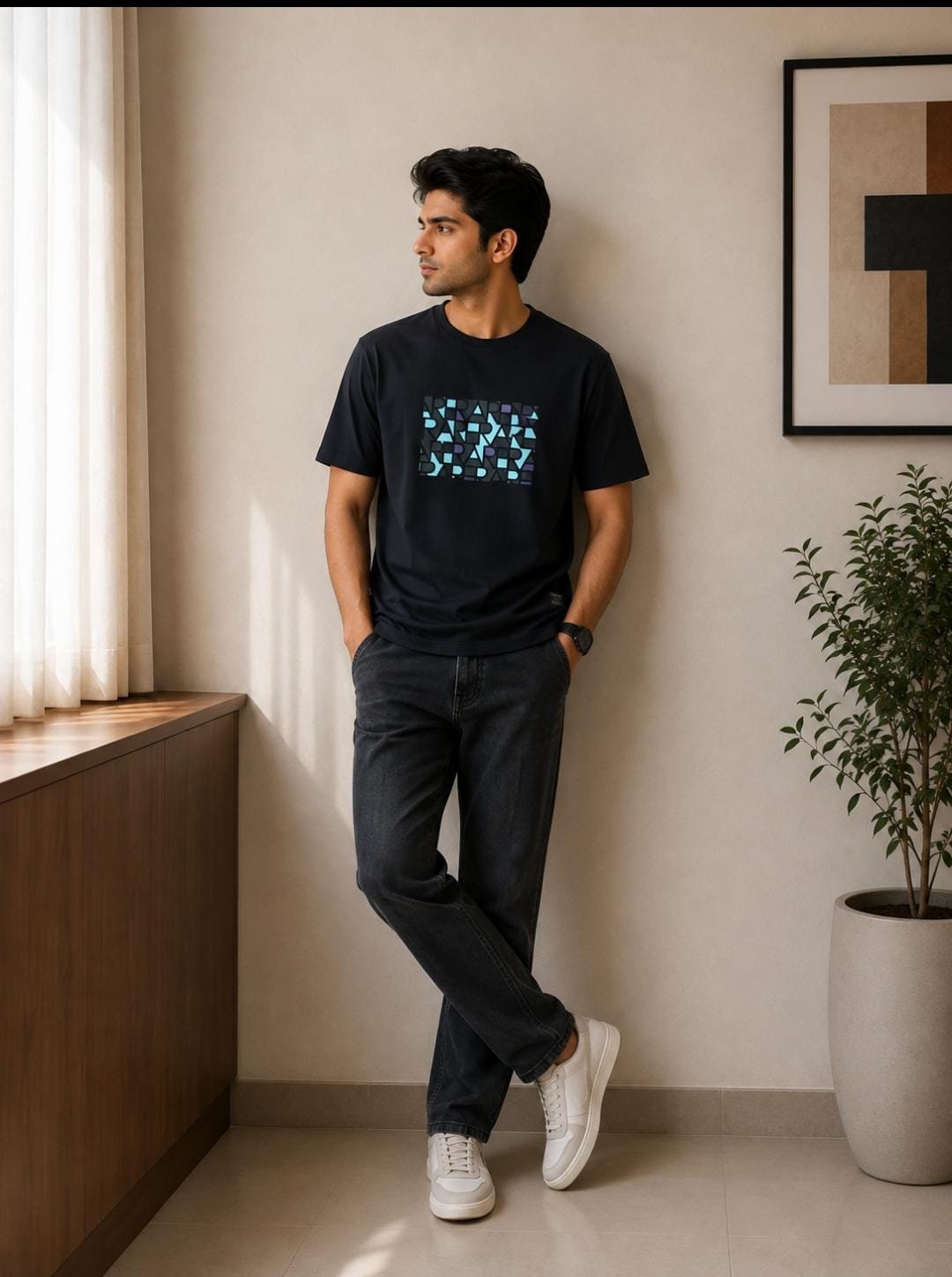 Rare Rabbit Men’s Black Geometric Graphic Print Crew-Neck T-Shirt - View 2