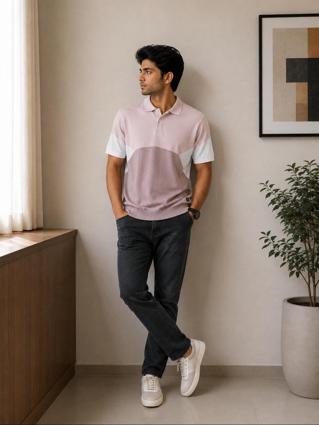 Rare Rabbit Men’s Pink, White & Mauve Colour-Block Knitted Polo T-Shirt - View 2
