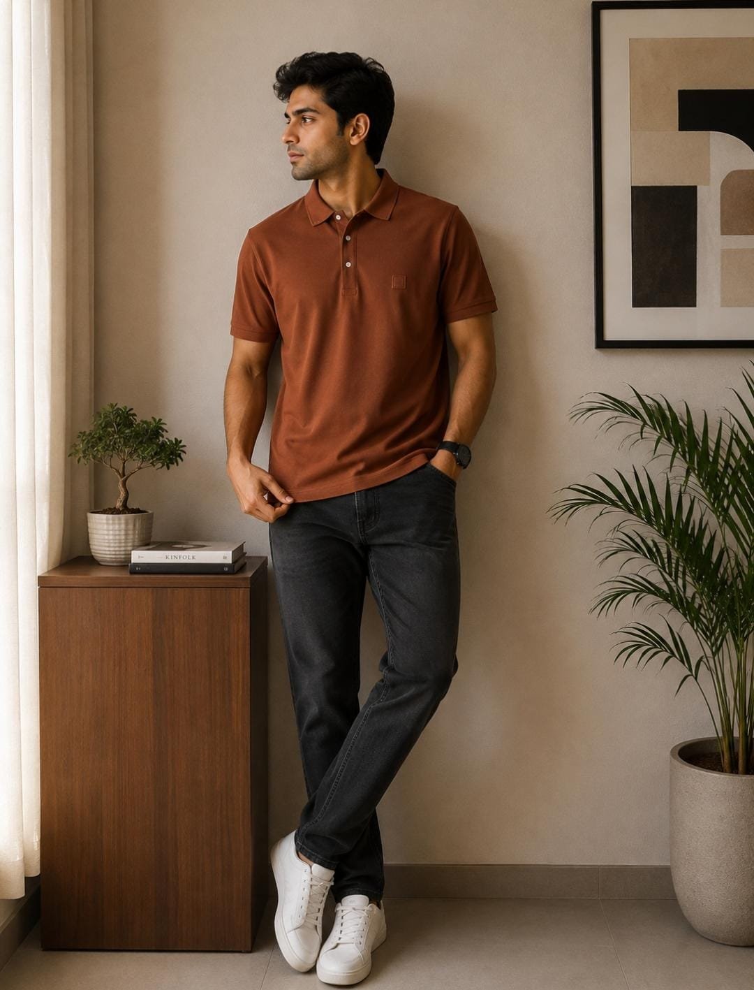 Rare Rabbit Men’s Rust Brown Solid Polo T-Shirt - View 2