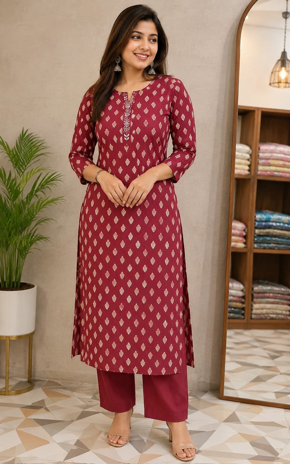 Maroon Printed Straight Kurti for Women - View 2