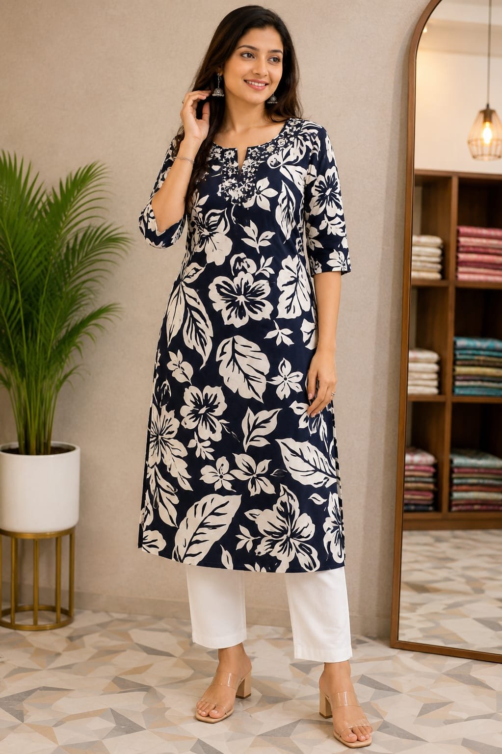 Navy Blue and White Floral Printed Straight Kurti for Women - View 2