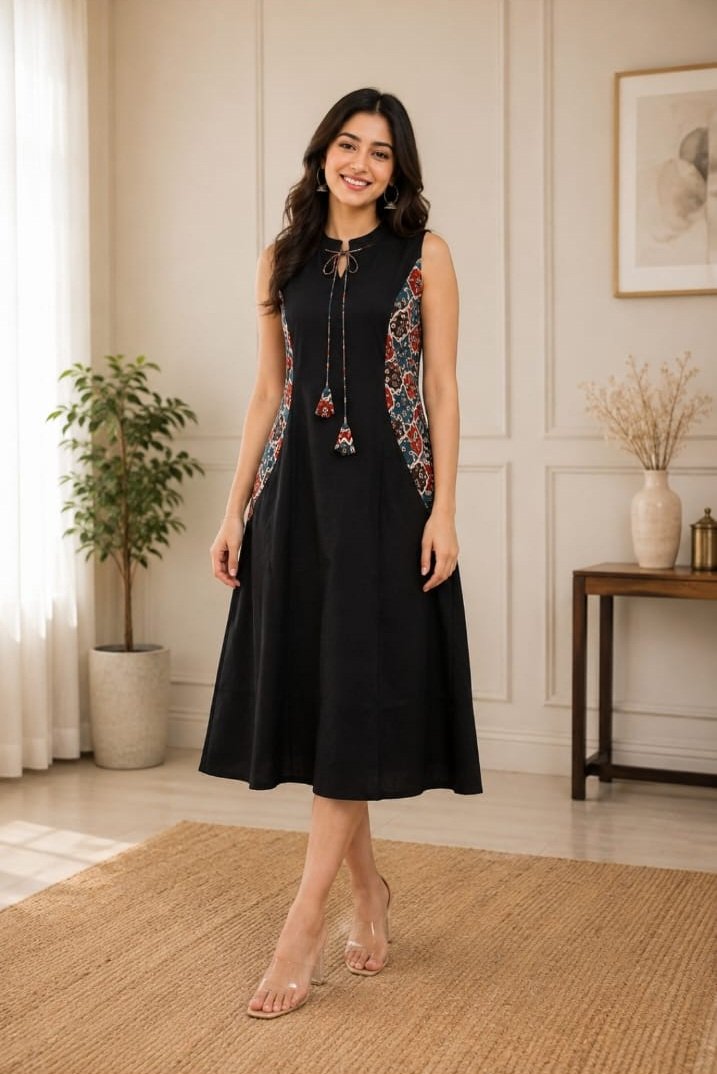 Black Sleeveless A-Line Dress with Ajrakh Print Panels - View 2