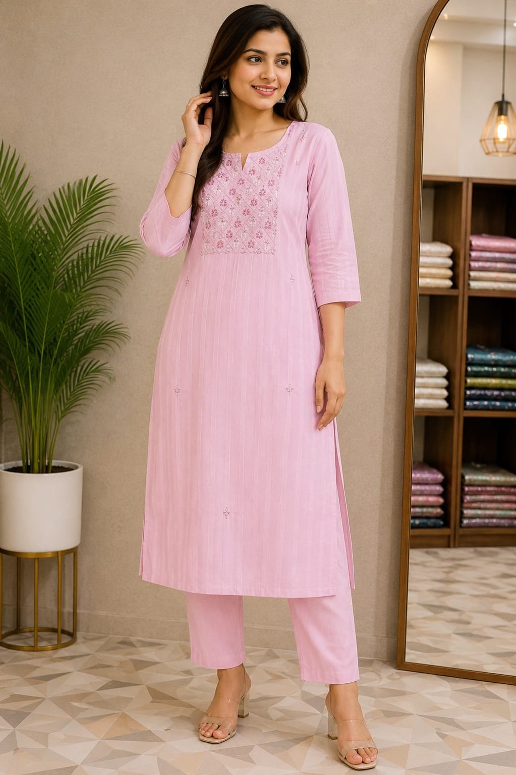 Pastel Pink Embroidered Straight Kurti for Women - View 2