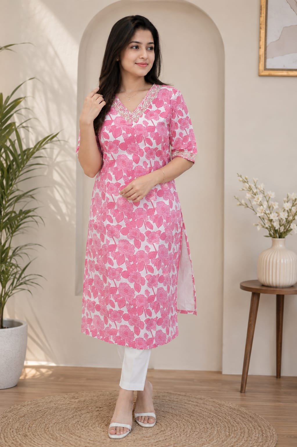 Pink and White Floral Printed Straight Kurti for Women - View 2