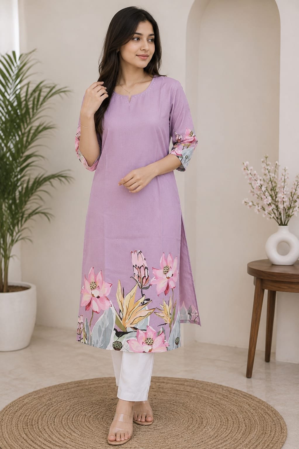 Lavender Floral Border-Printed Straight Kurti for Women - View 2