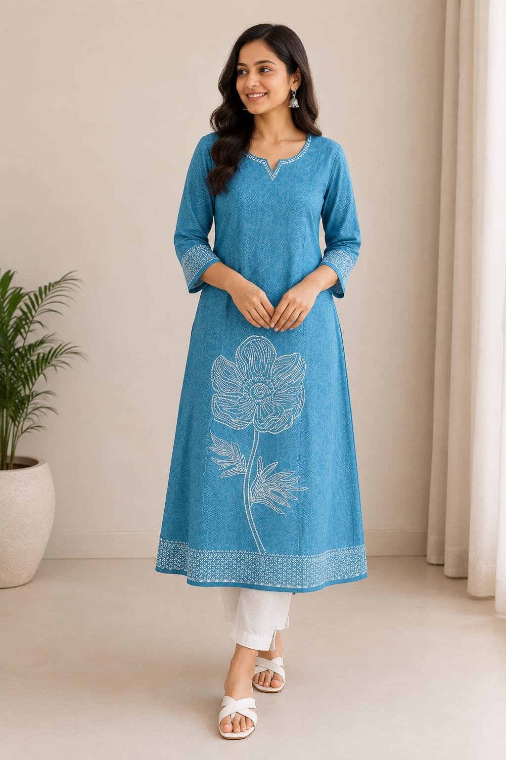 Teal Blue Floral Printed A-Line Kurti for Women - View 2