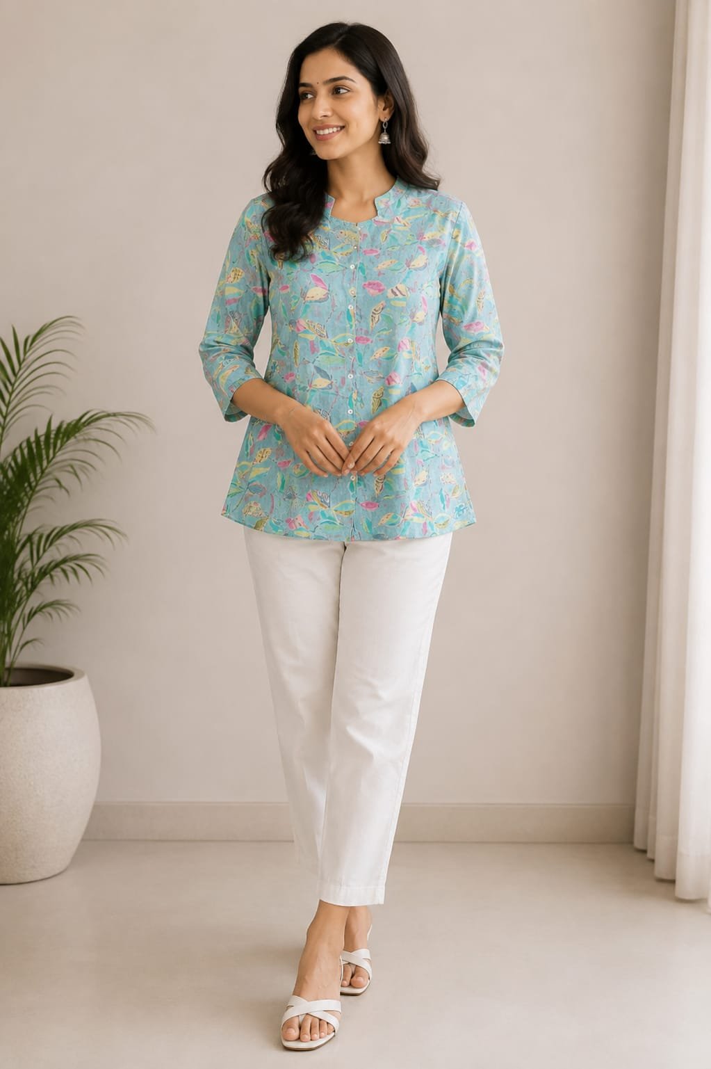 Aqua Blue Floral Printed Short Kurti Top - View 2