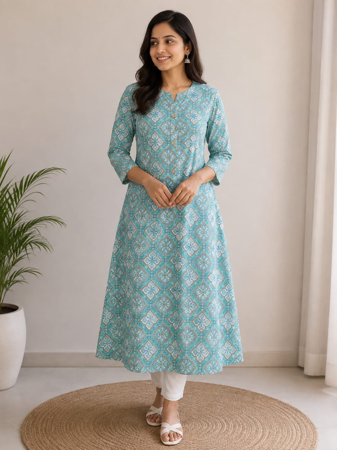 Aqua Blue Geometric Printed A-Line Kurti for Women - View 2