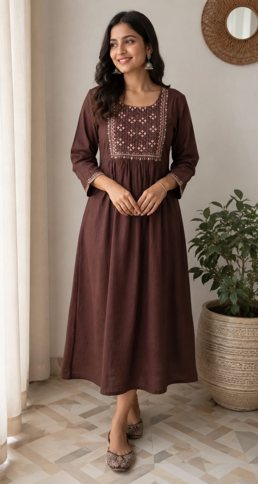Chocolate Brown Embroidered Flared Anarkali Kurti for Women - View 2