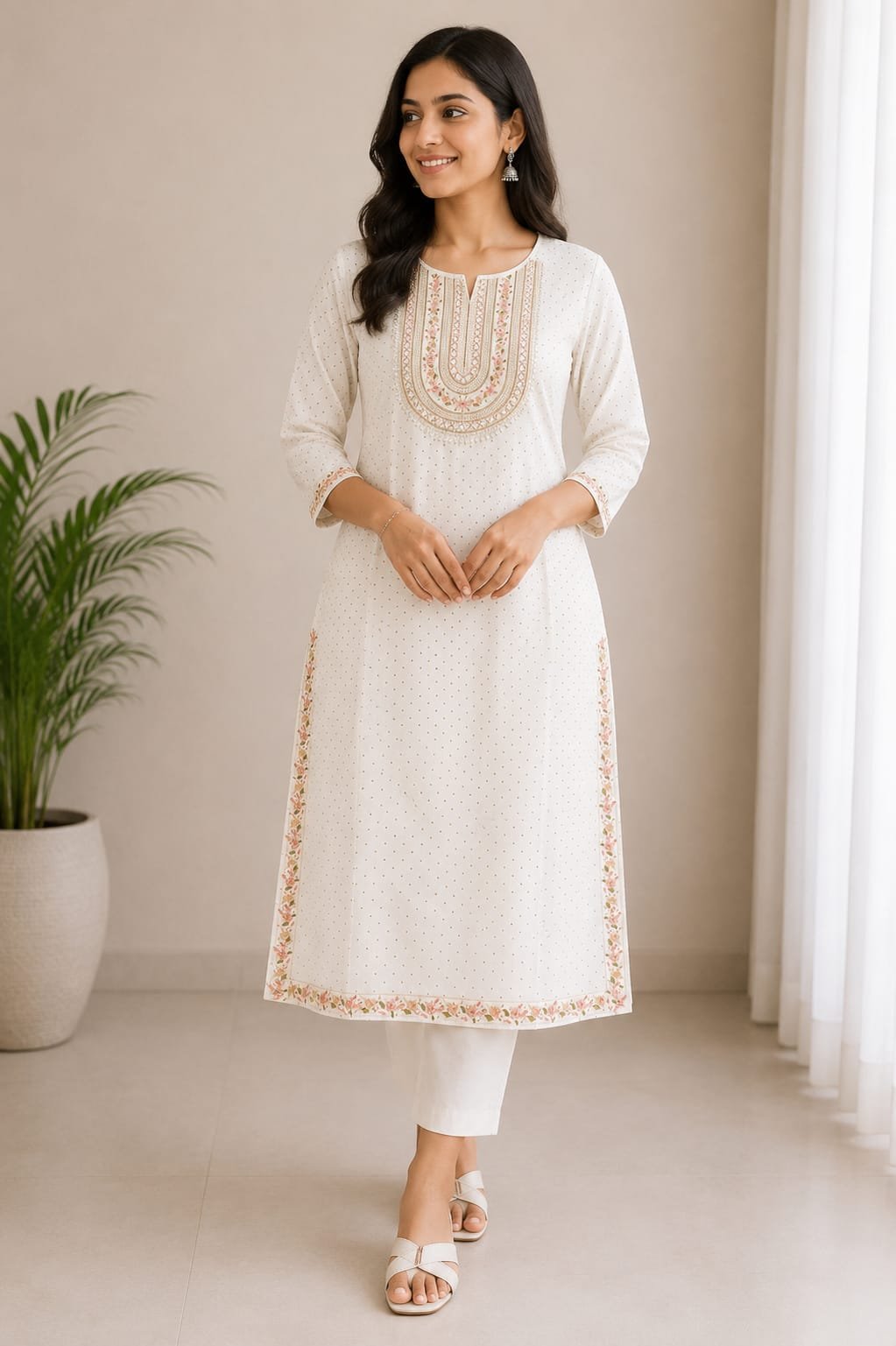 Ivory Embroidered Straight Kurti for Women - View 2