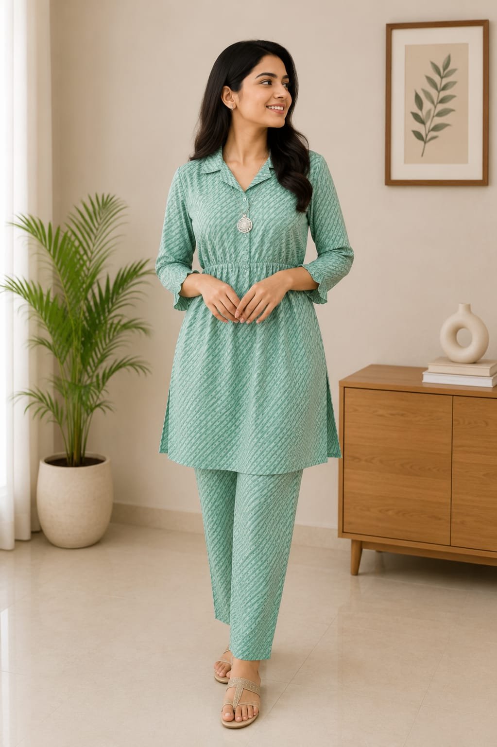 Mint Green Printed Collared Kurti with Matching Pants – Top & Bottom Set - View 2