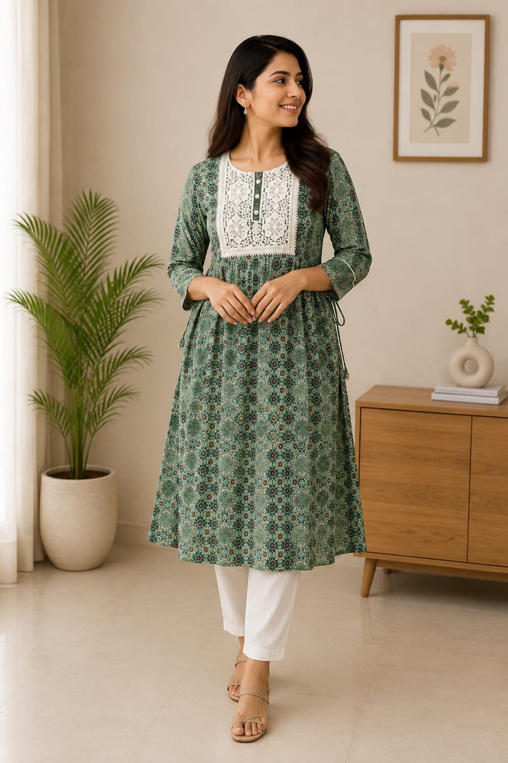 Bottle Green Ethnic Printed A-Line Kurti for Women - View 2