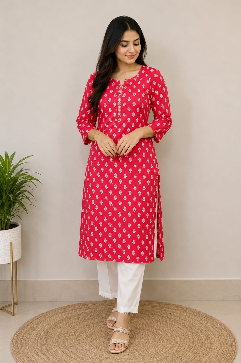 Red Ethnic Motif Printed Straight Kurti for Women - View 2