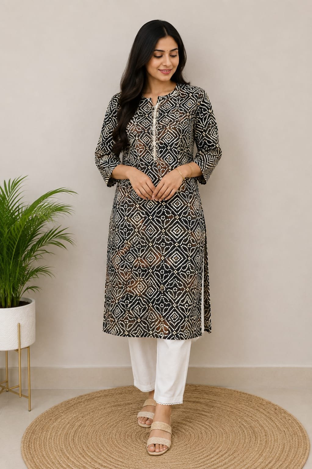 Black and White Geometric Printed Straight Kurti for Women - View 2