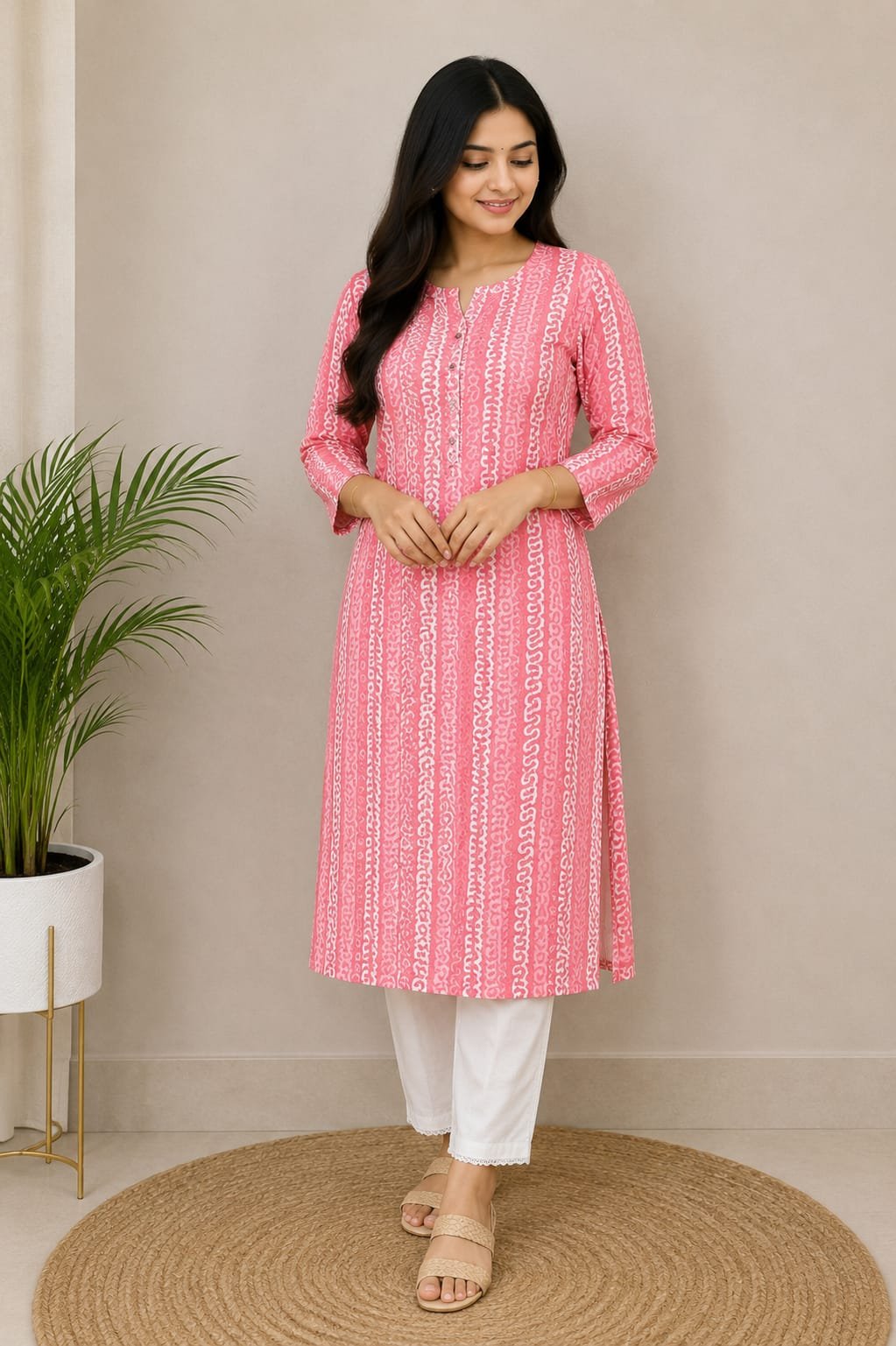 Pink and White Vertical Printed Straight Kurti for Women - View 2