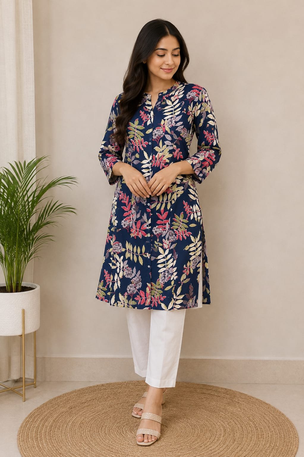 Navy Blue Multicolour Floral Printed Short Kurti for Women - View 2