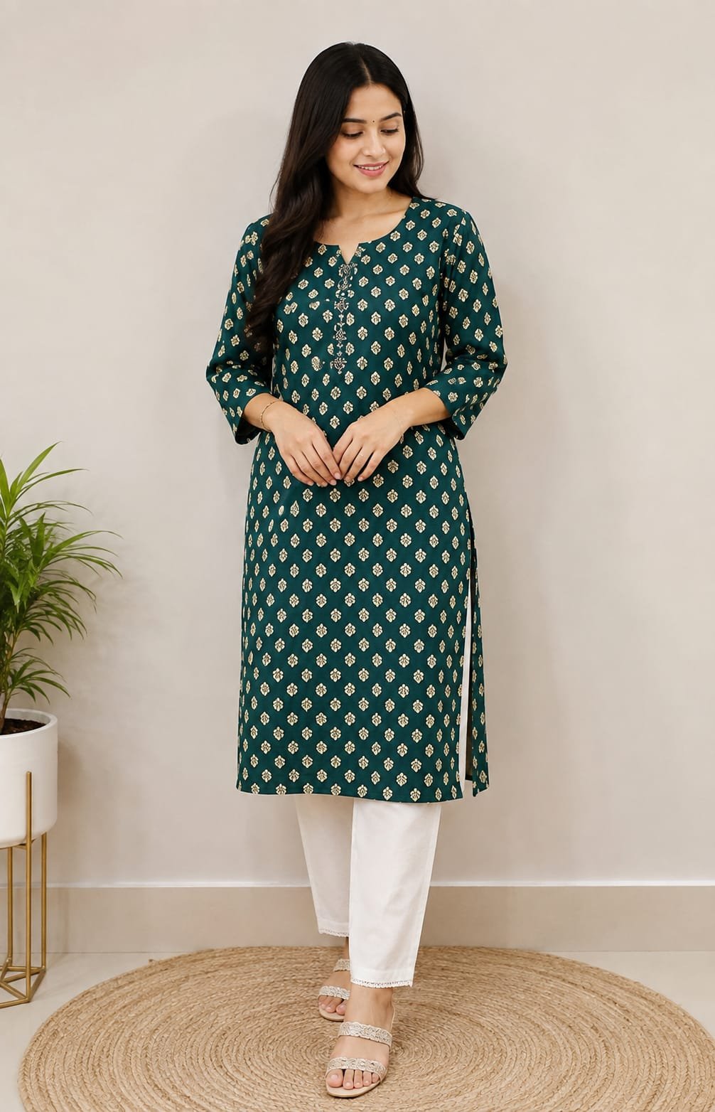 Bottle Green Ethnic Motif Printed Straight Kurti for Women - View 2