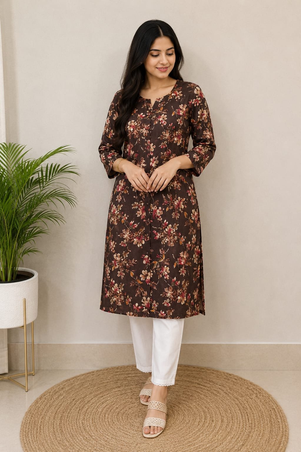Chocolate Brown Floral Printed Short Kurti for Women - View 2