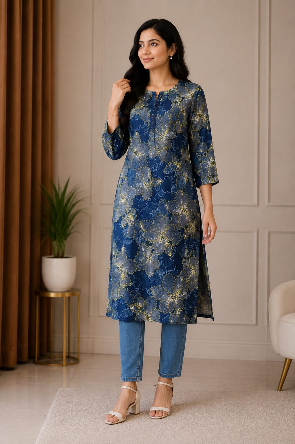 Elegant Navy Blue Floral Printed Women’s Kurti - View 2