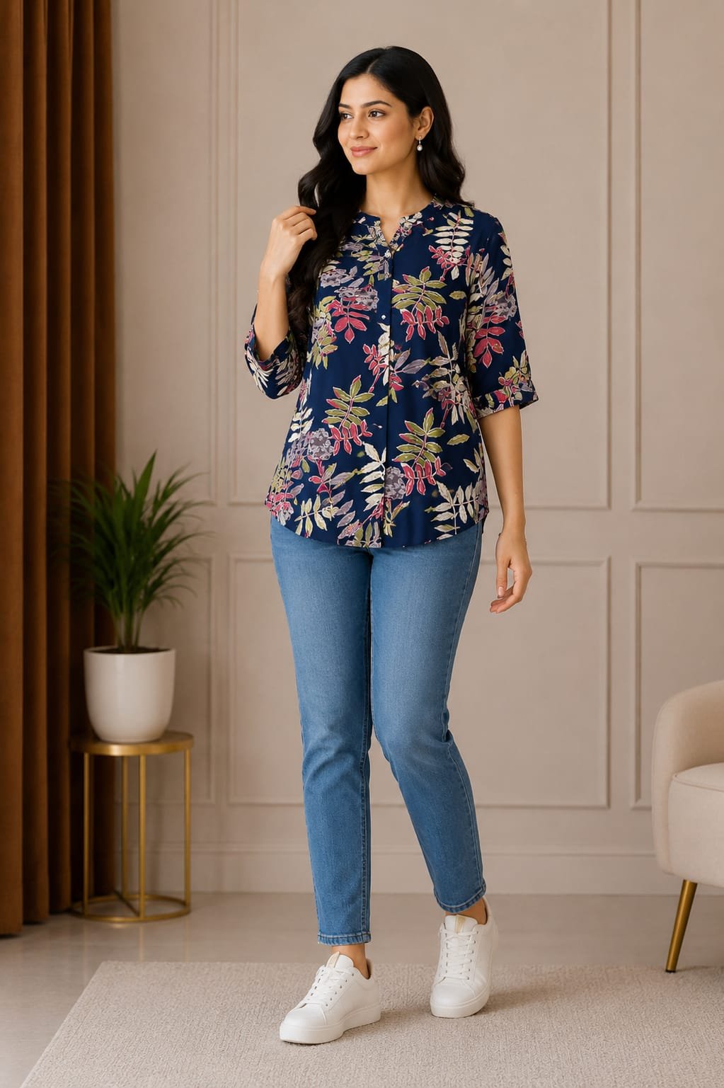 Elegant Navy Blue Floral Printed Women’s Casual Top - View 2