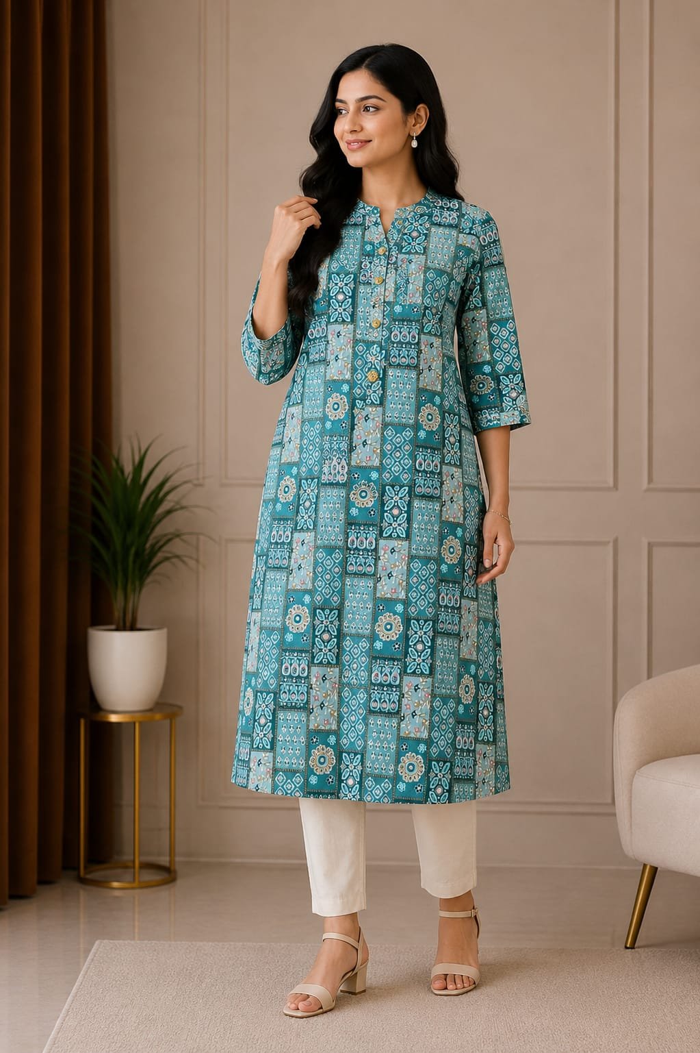 Elegant Teal Blue Printed Women’s Anarkali Kurti - View 2