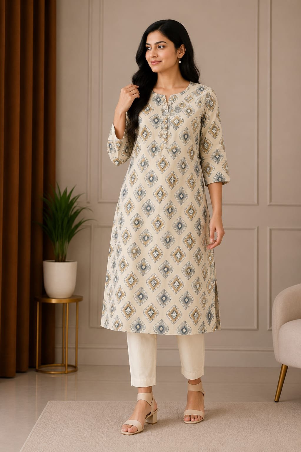 Elegant Beige Printed Women’s Straight Kurti - View 2