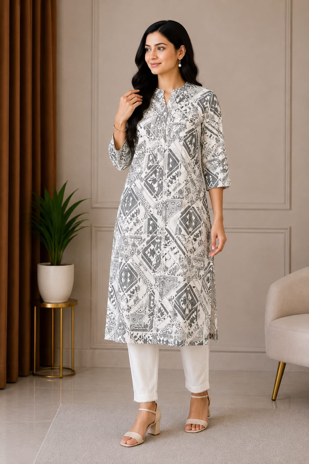 Elegant White & Grey Printed Women’s Straight Kurti - View 2